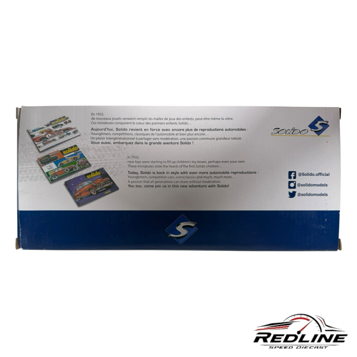 Redline Speed Diecast Solido Volkswagen Caddy Mk1 model packaging box with brand history and social media icons