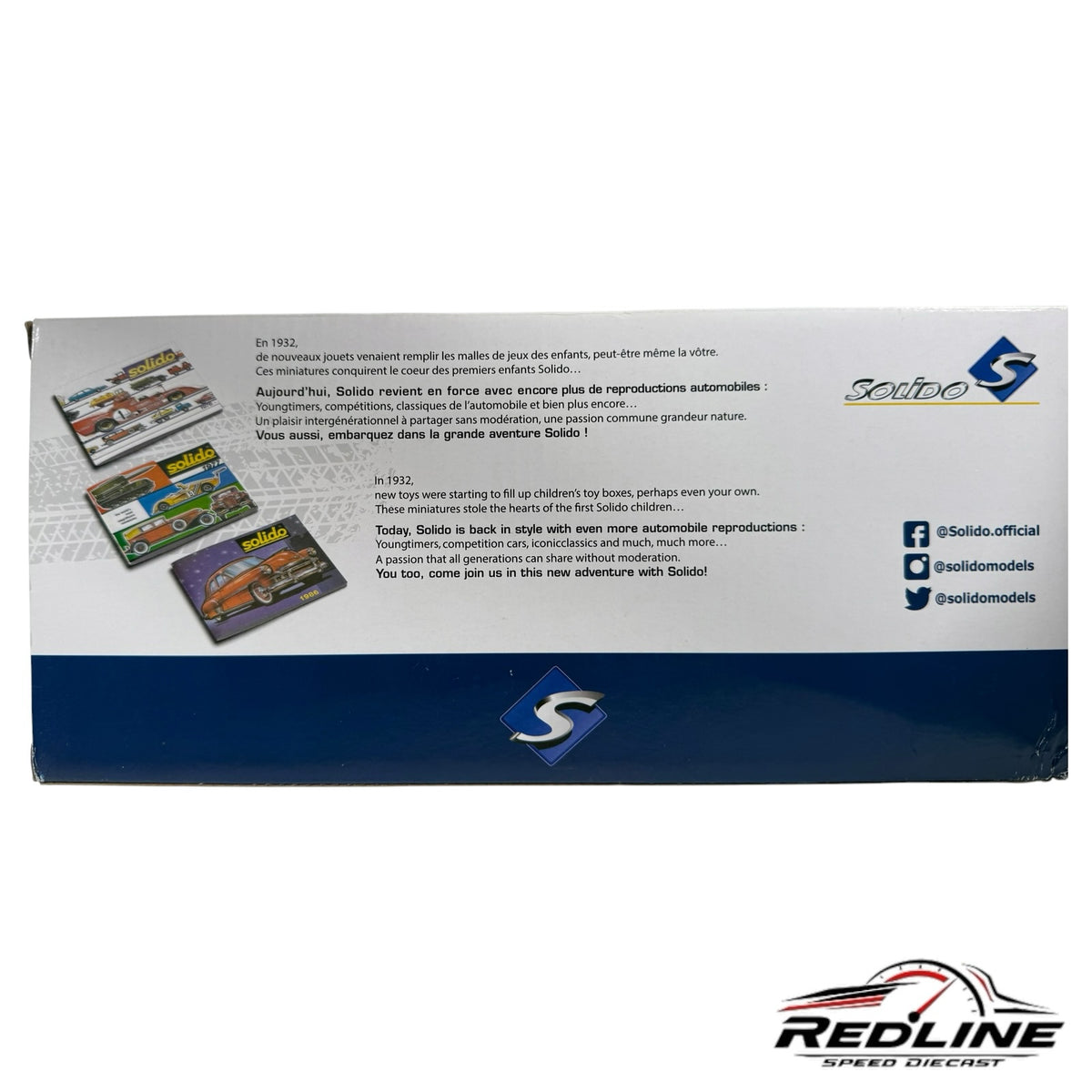 Redline Speed Diecast Solido model car packaging box with brand history and social media icons