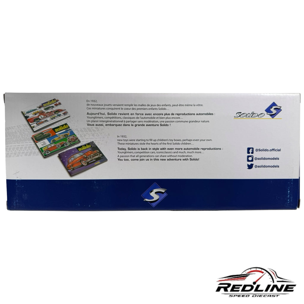 Redline Speed Diecast Solido model car packaging box featuring historical brand information and classic car imagery