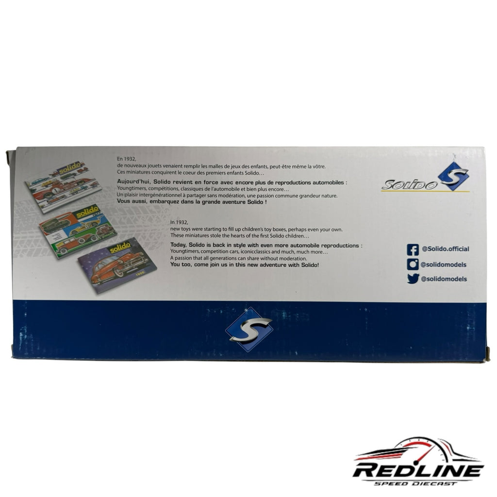 Redline Speed Diecast Solido Toyota Supra model packaging box showing brand history and social media icons