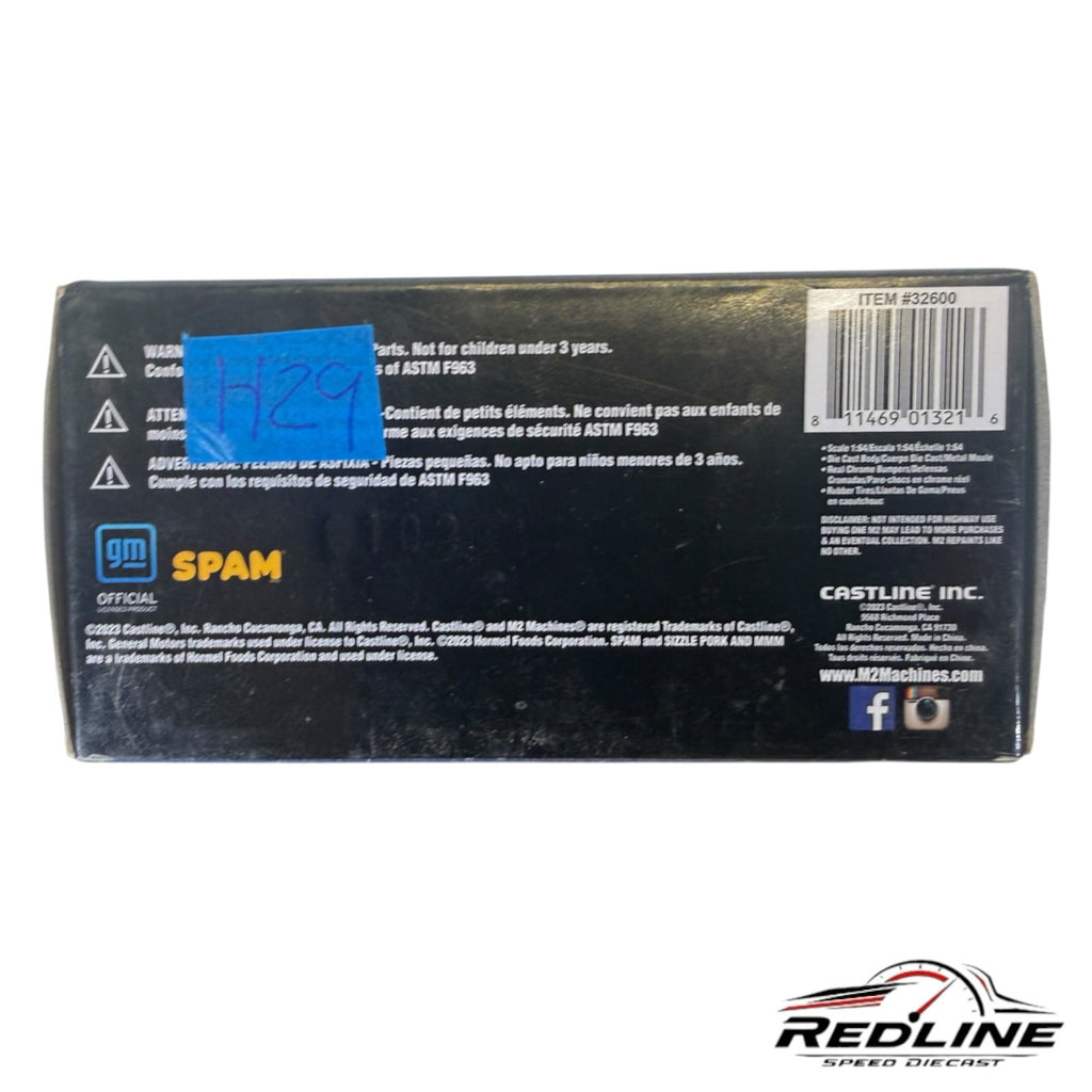 Redline Speed Diecast packaging for M2 Machines 1975 GMC Sierra Grande SPAM edition diecast model box back view