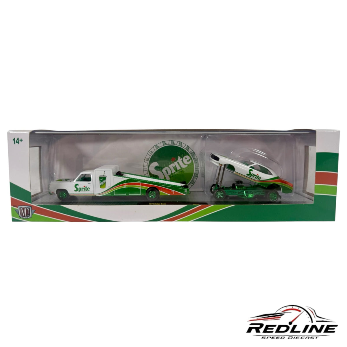 Redline Speed Diecast M2 Machines 1974 Dodge truck and 1971 Challenger funny car set with Sprite branding in box