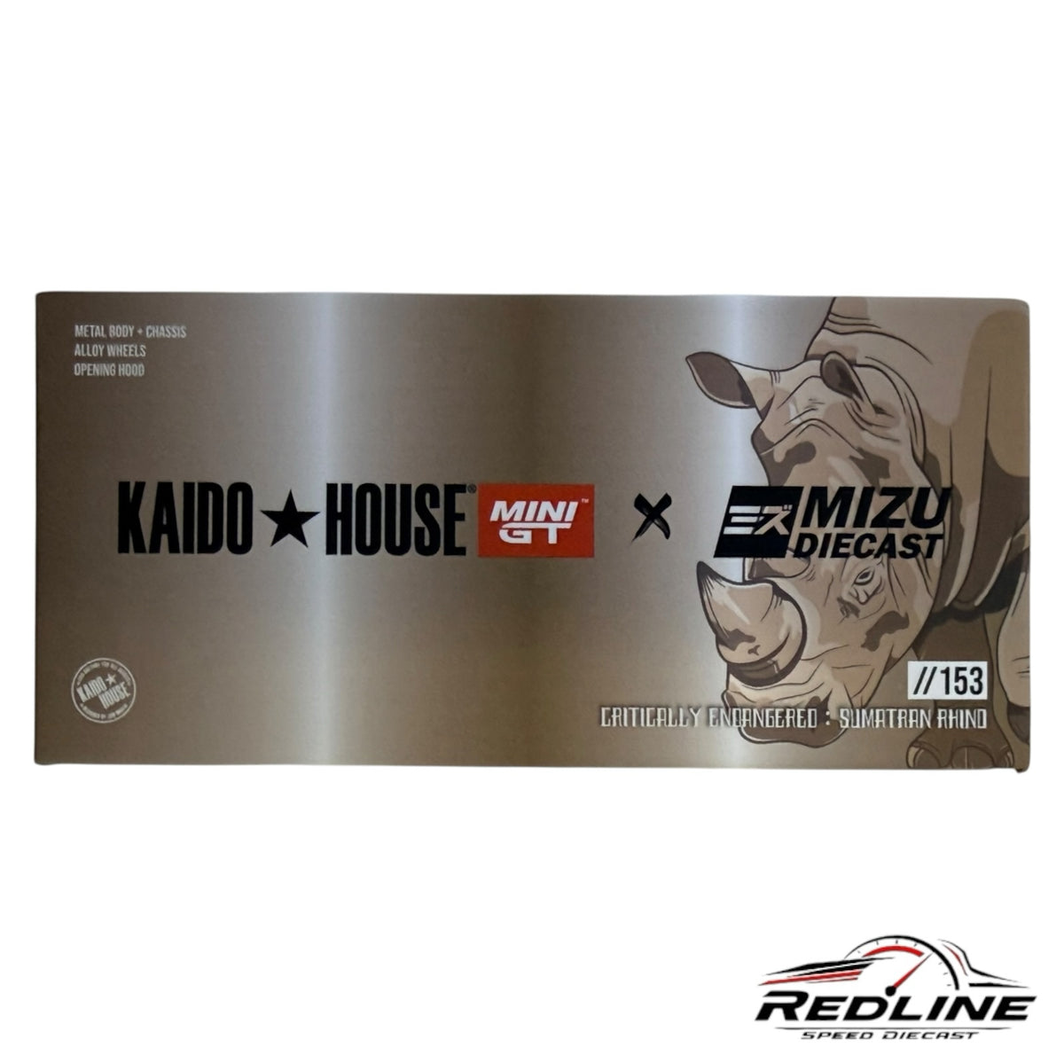 Redline Speed Diecast packaging for Kaido House x Mini GT Chevrolet Silverado Sumatran Rhino diecast truck model