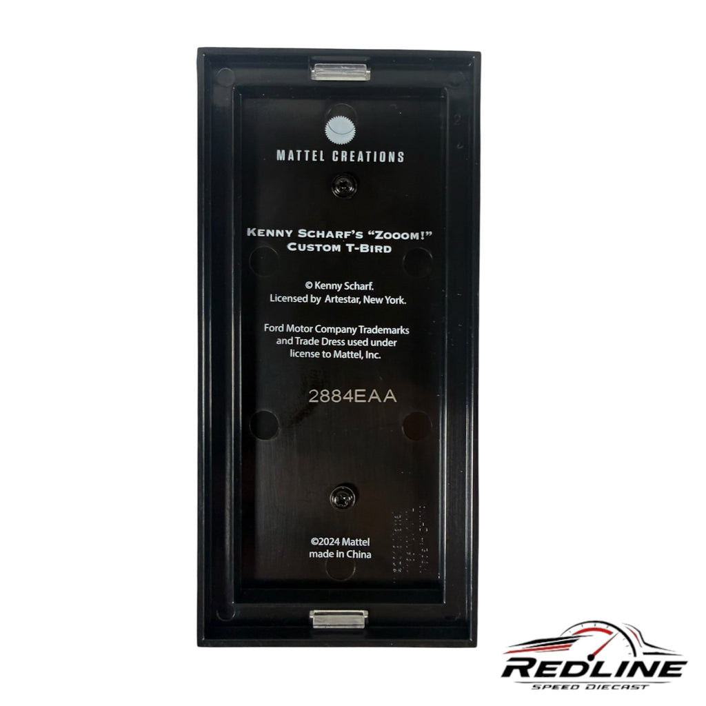 Redline Speed Diecast display base for the Kenny Scharf Zoom Custom T-Bird featuring Mattel Creations branding