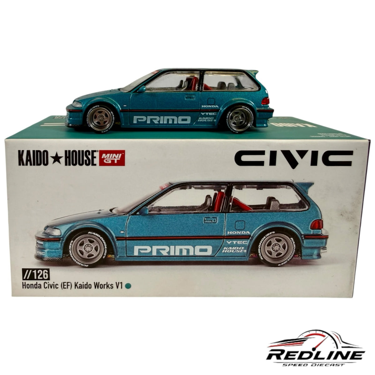 Redline Speed Diecast 1:64 scale metallic teal Honda Civic EF Kaido Works V1 model with wide-body kit and racing decals.