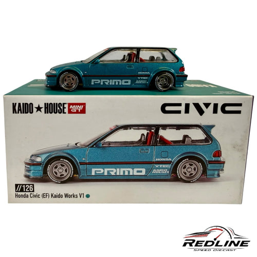 Redline Speed Diecast 1:64 scale metallic teal Honda Civic EF Kaido Works V1 model with wide-body kit and racing decals.