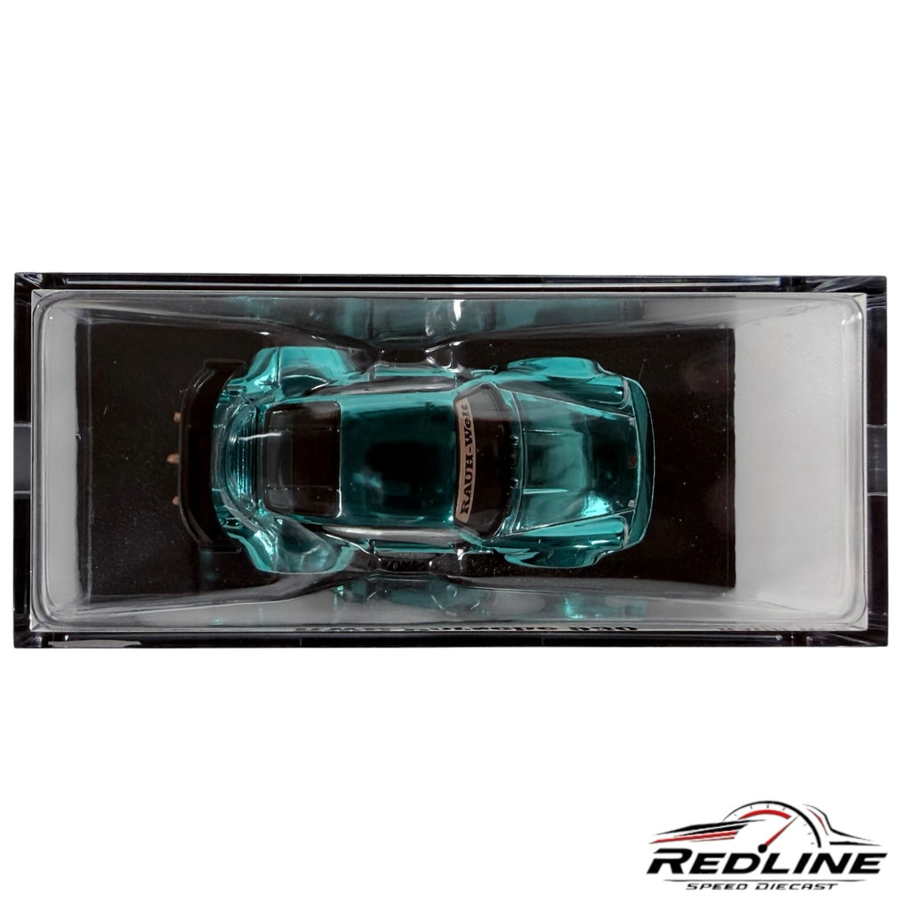 Redline Speed Diecast Hot Wheels RWB Porsche 930 in teal Spectraflame paint inside a clear collector display case