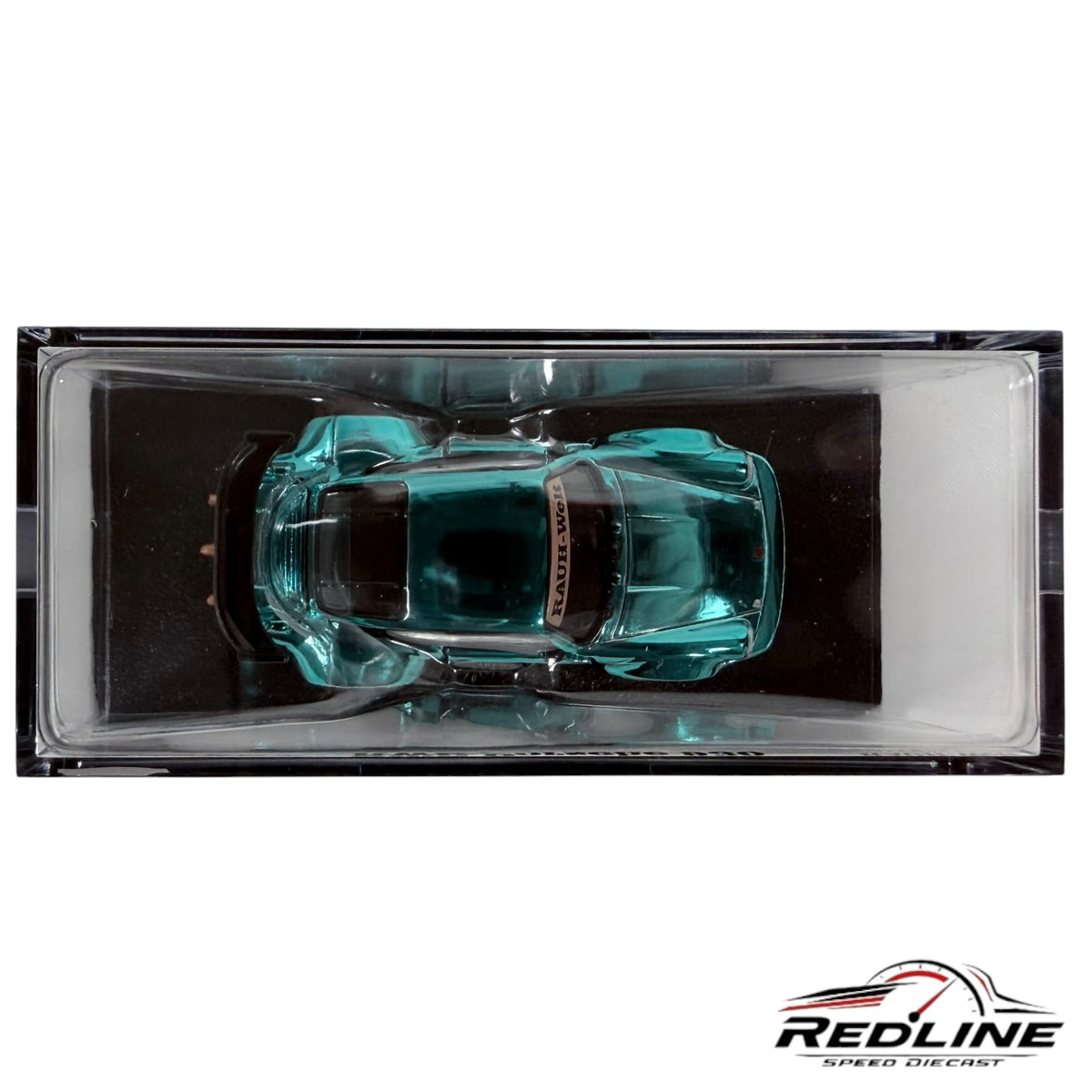 Redline Speed Diecast Hot Wheels RWB Porsche 930 in teal Spectraflame paint inside a clear collector display case