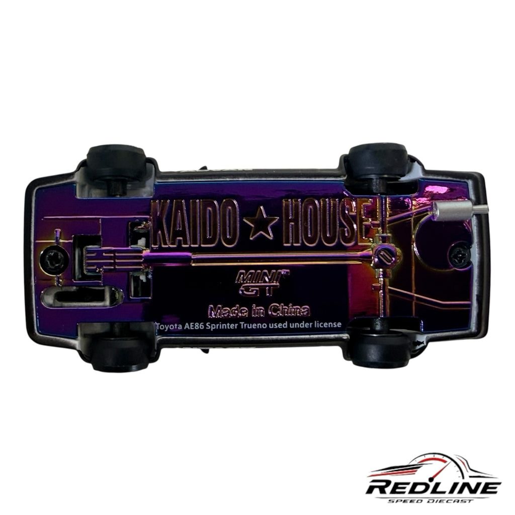 Redline Speed Diecast Toyota Sprinter Trueno AE86 model showing the unique iridescent purple underside chassis detail
