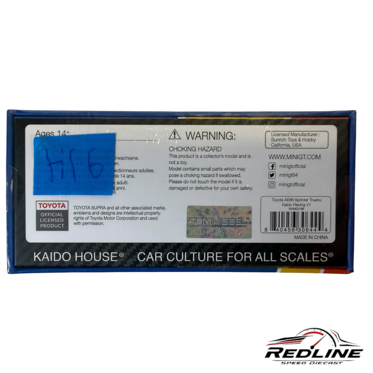 Redline Speed Diecast packaging back for Kaido House Toyota AE86 Sprinter Trueno model with safety warnings