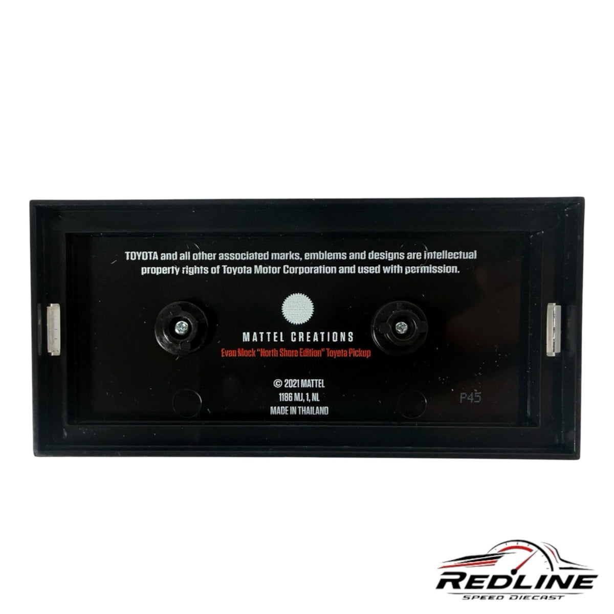 Redline Speed Diecast display base for the Hot Wheels Evan Mock North Shore Edition Toyota Pickup with branding