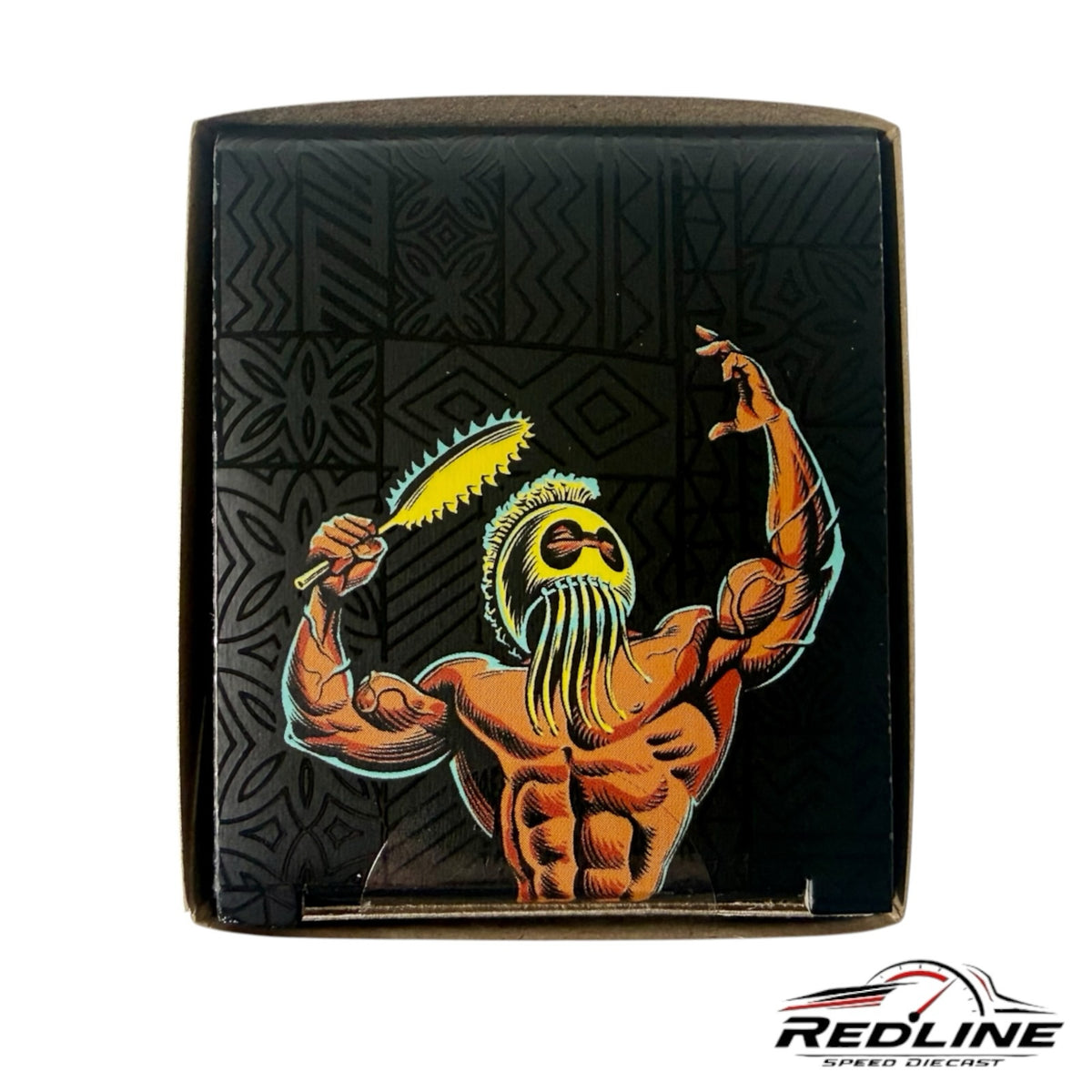 Redline Speed Diecast packaging box featuring a stylized warrior illustration with a surfboard on a black background