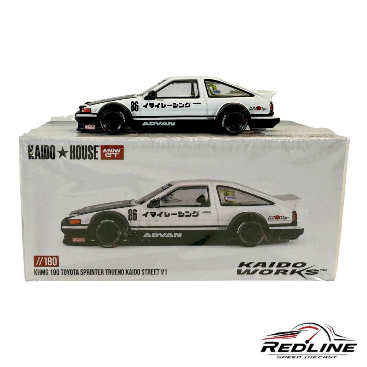 Redline Speed Diecast KAIDO HOUSE Toyota Sprinter Trueno AE86 diecast model in white and black with Advan racing decals