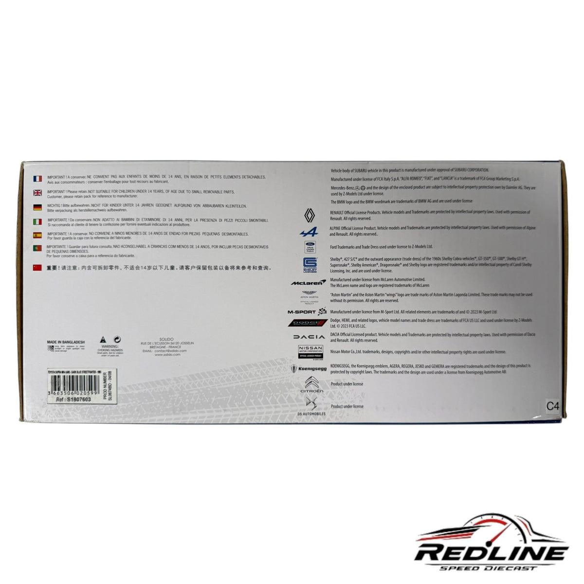 Redline Speed Diecast Solido Toyota Supra MK4 1:18 scale model packaging box back view with safety information