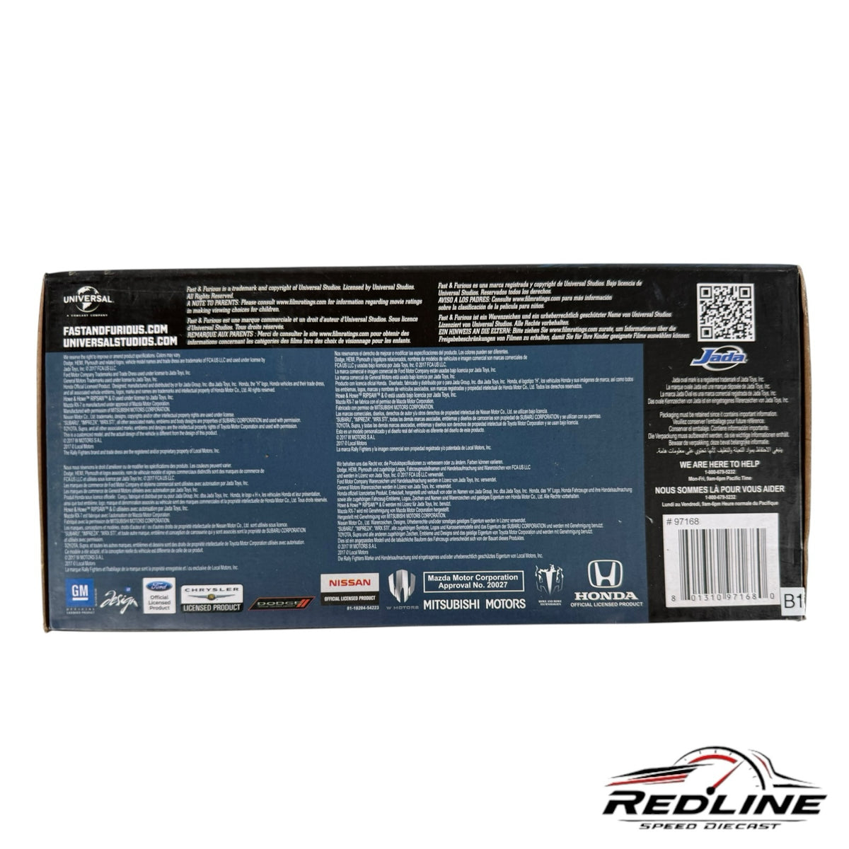 Redline Speed Diecast packaging back view showing licensing logos and product information for the Toyota Supra model