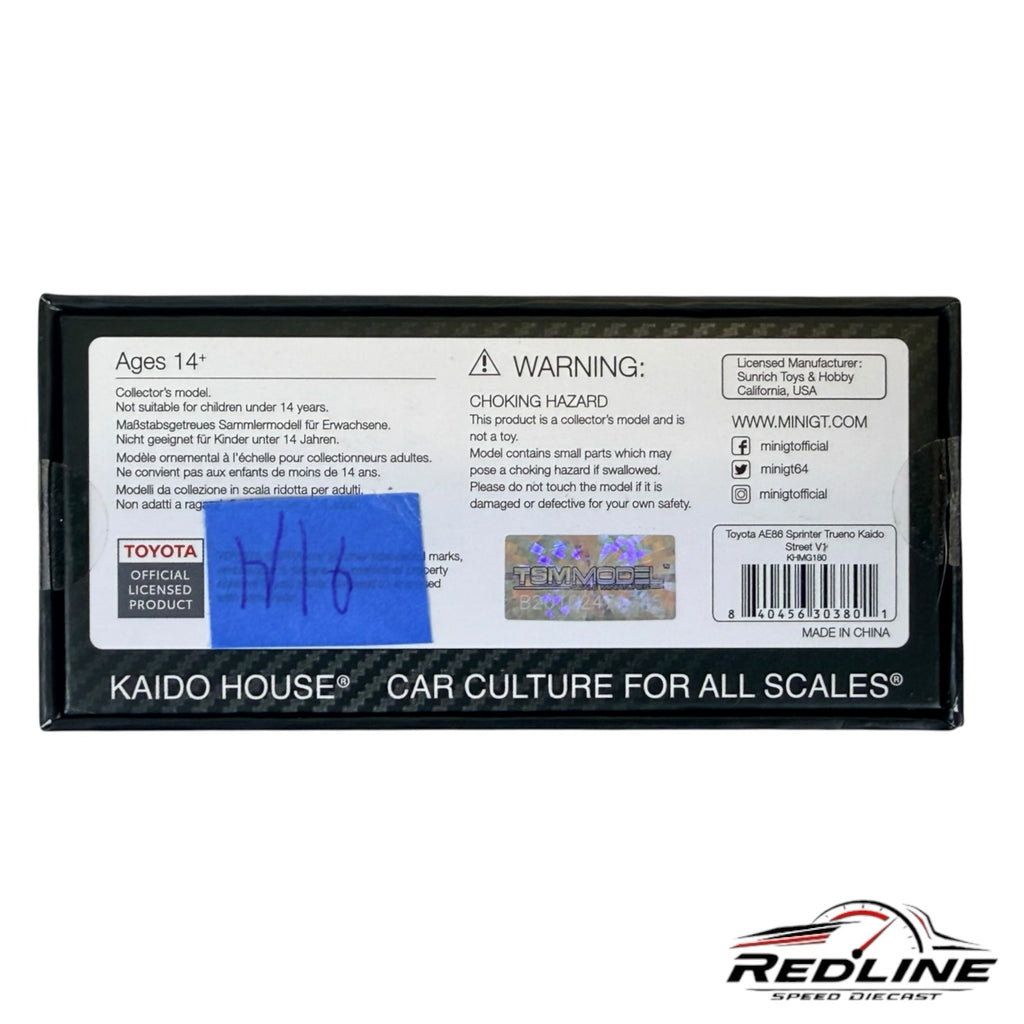 Redline Speed Diecast packaging back for Toyota Sprinter Trueno AE86 model with official licensing and safety info
