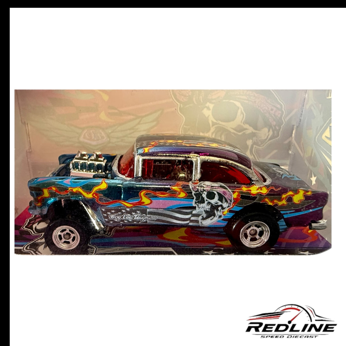Redline Speed Diecast custom Troy Lee Designs vehicle with flame graphics, skull art, and American flag detailing.