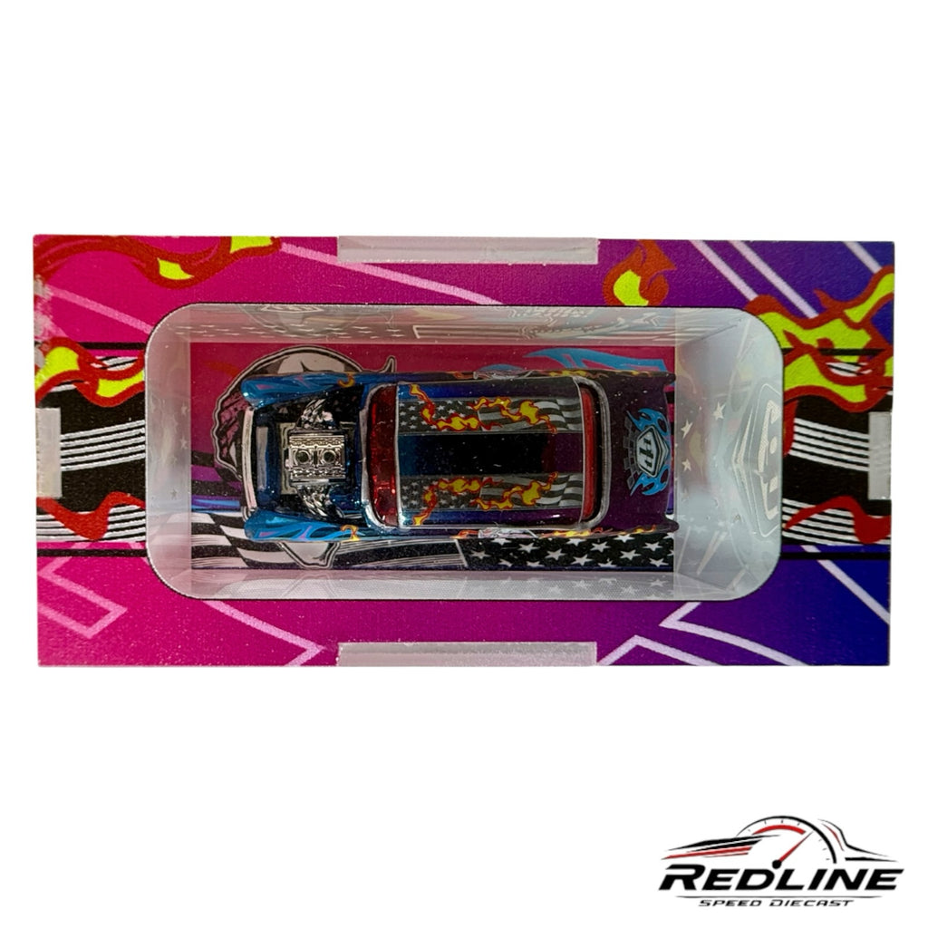 Redline Speed Diecast Troy Lee Designs custom car with American flag, flame graphics, and skull detail in display box