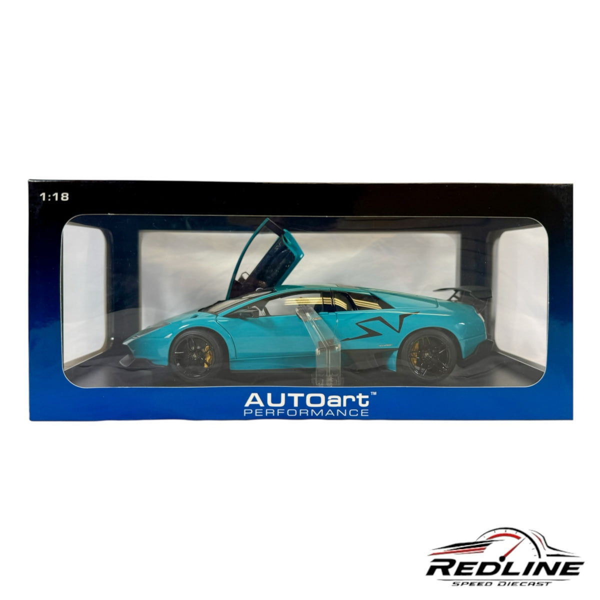 Redline Speed Diecast 1:18 scale turquoise Lamborghini Murcielago LP670-4 SV model car with open scissor doors in box