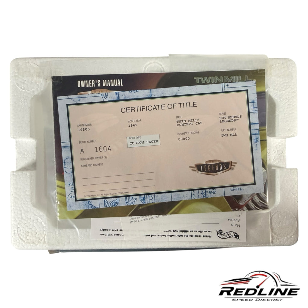 Redline Speed Diecast Hot Wheels Twin Mill Certificate of Title and owner manual in protective styrofoam packaging.