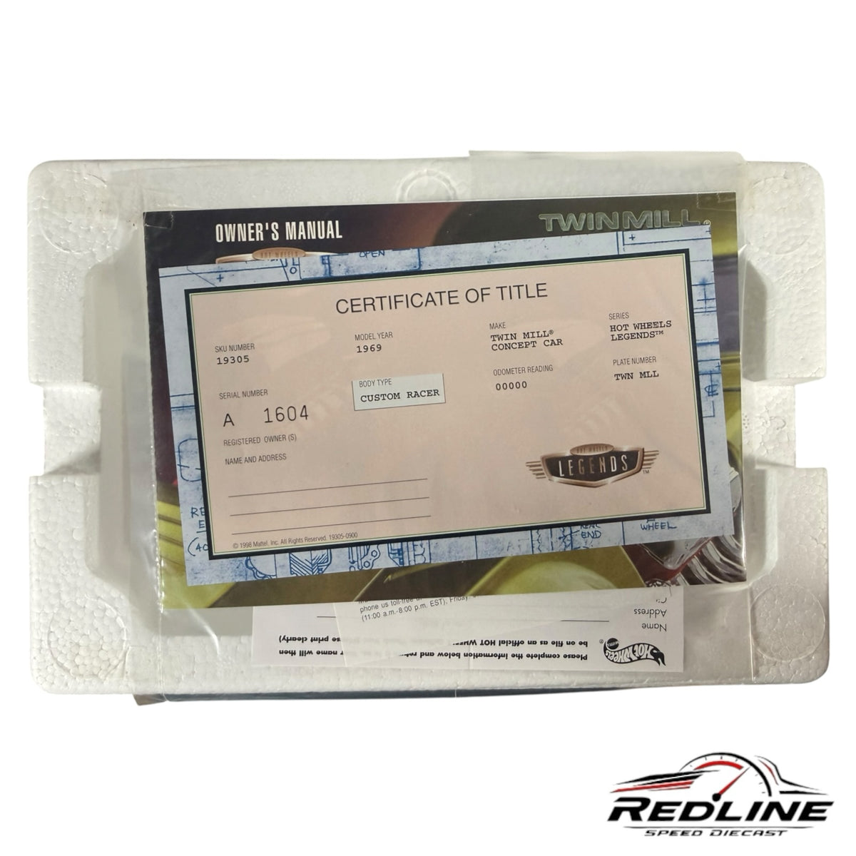 Redline Speed Diecast Hot Wheels Twin Mill Certificate of Title and owner manual in protective styrofoam packaging.