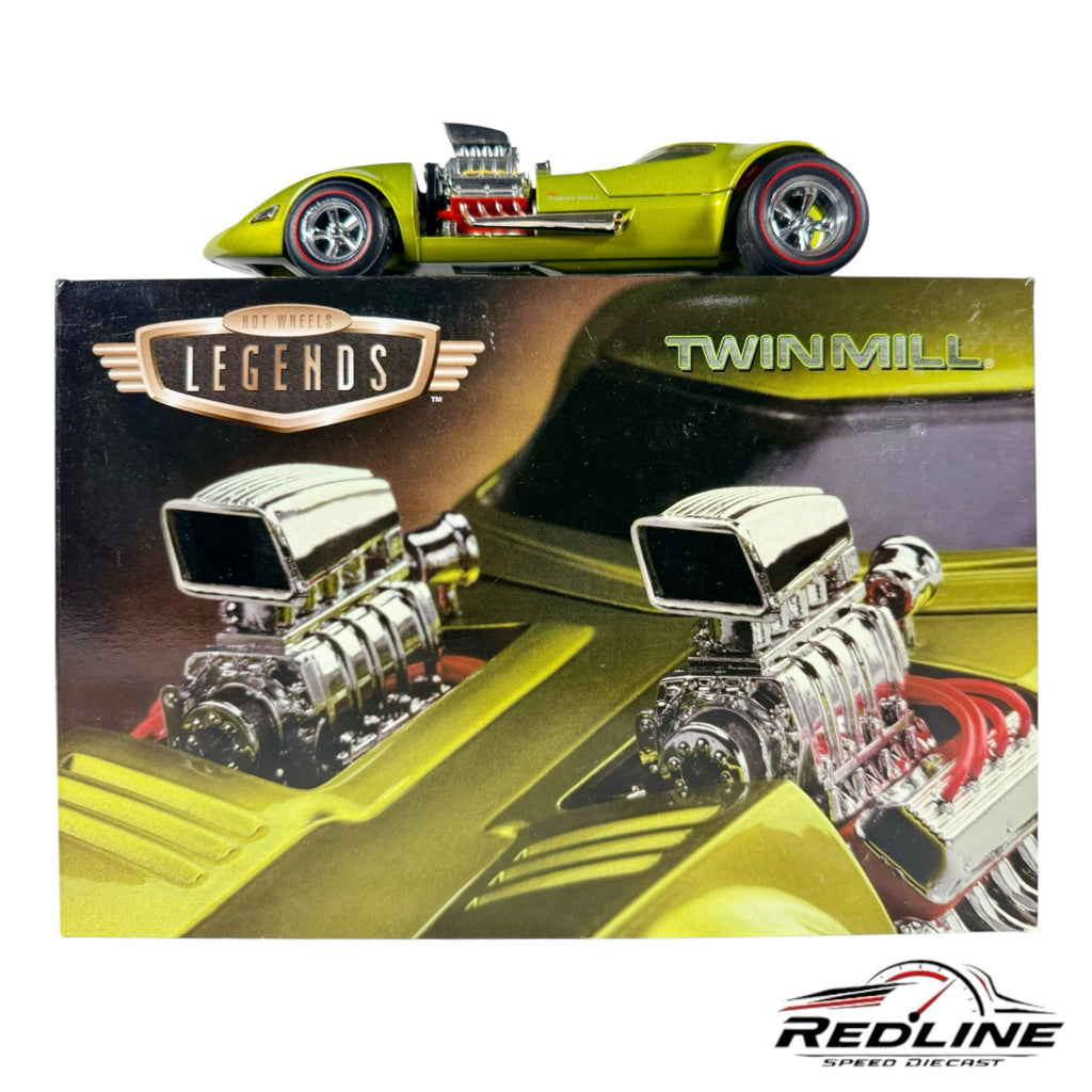 Redline Speed Diecast metallic green Hot Wheels Twin Mill concept car model with dual engines and redline wheels