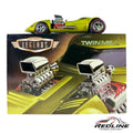 Redline Speed Diecast metallic green Hot Wheels Twin Mill concept car model with dual engines and redline wheels