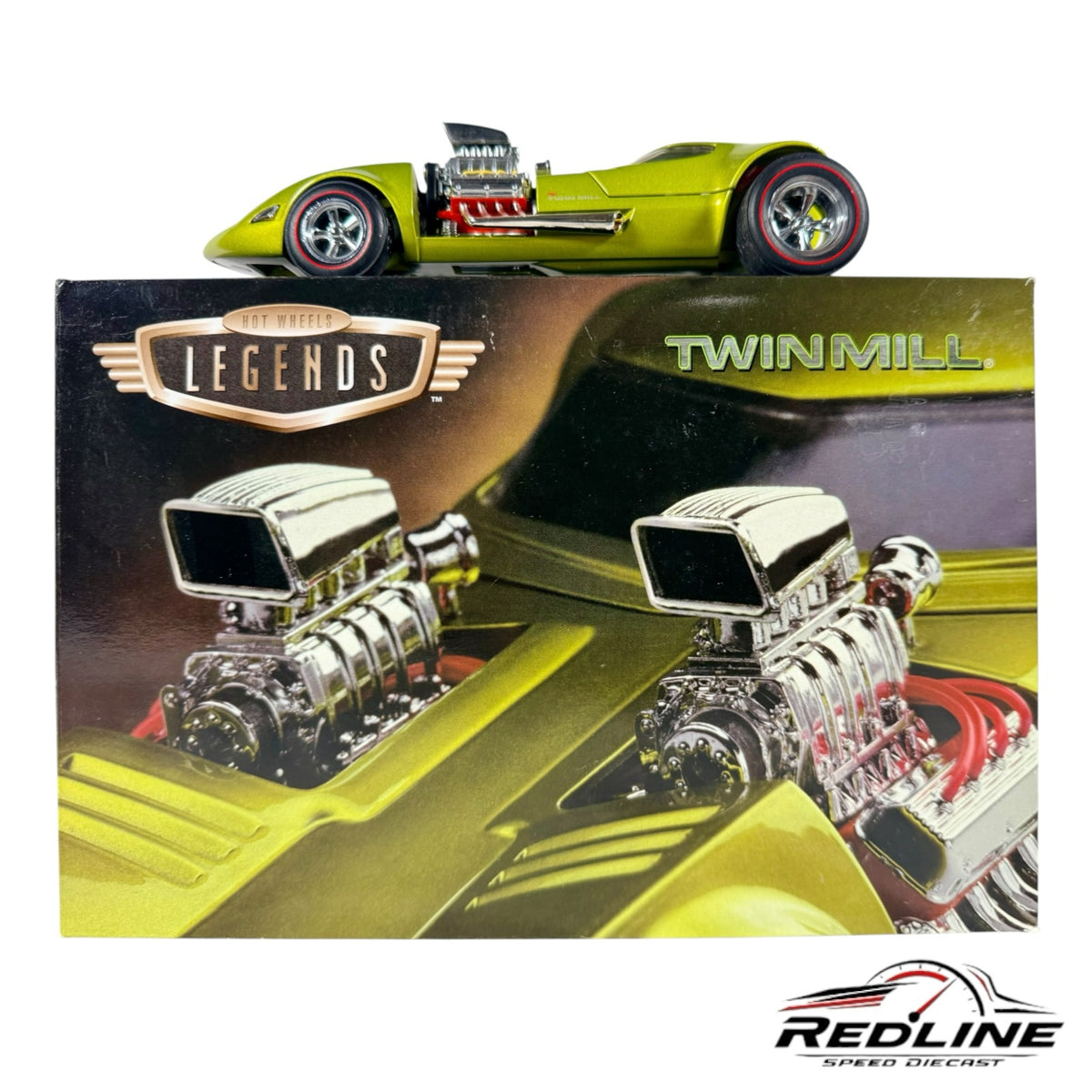 Redline Speed Diecast metallic green Hot Wheels Twin Mill concept car model with dual engines and redline wheels