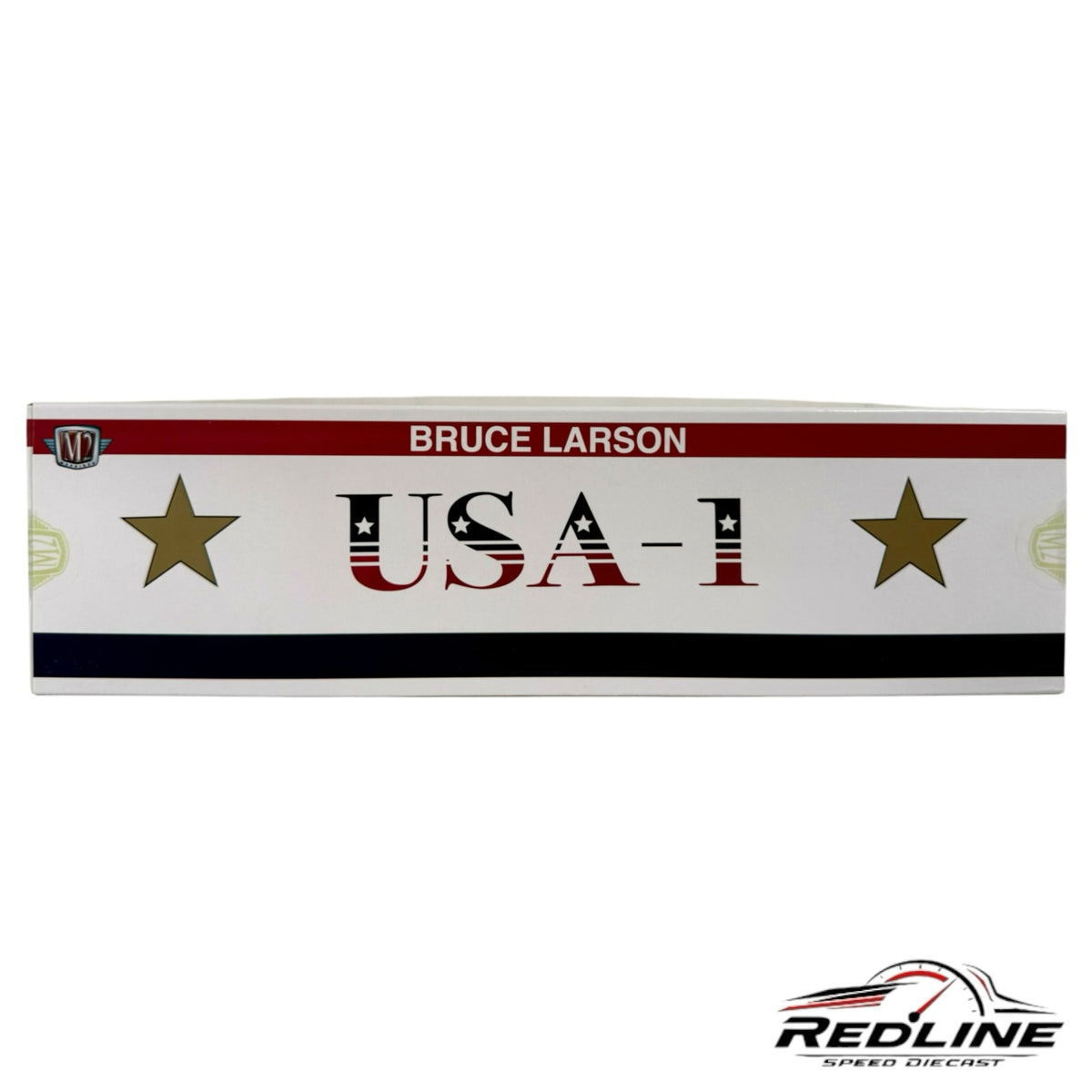 Redline Speed Diecast packaging for Bruce Larson USA-1 Chevrolet drag racing set with stars and branding
