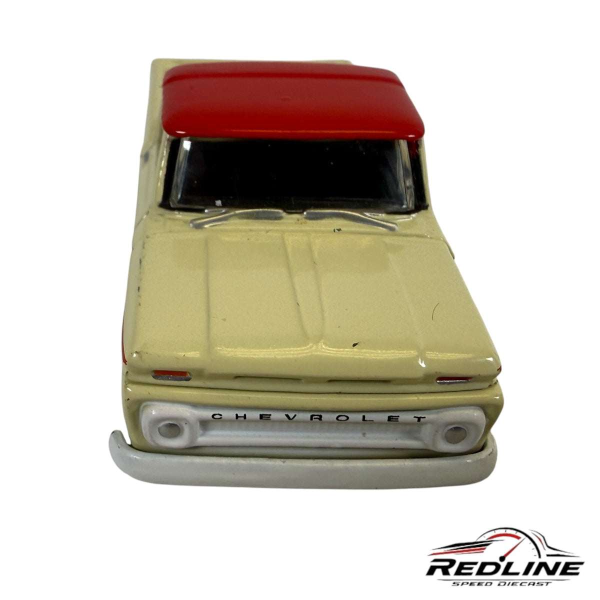 Redline Speed Diecast vintage Chevrolet pickup truck model in cream and red two-tone paint with front grille detail