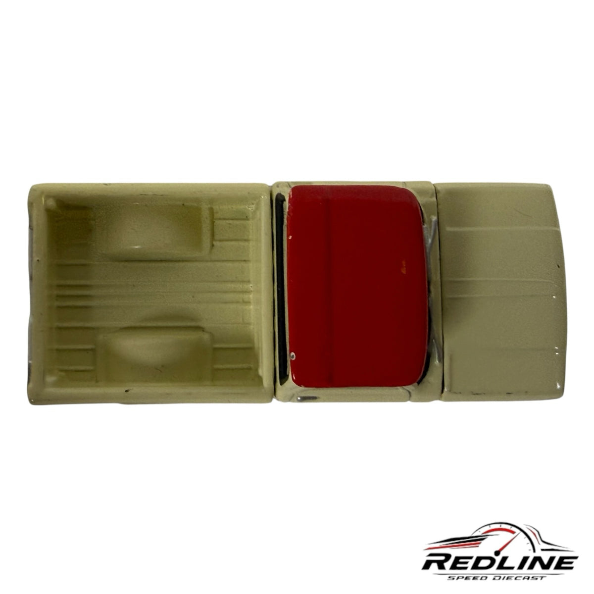 Top view of a Redline Speed Diecast vintage Chevrolet pickup truck model in a cream and red two-tone finish.