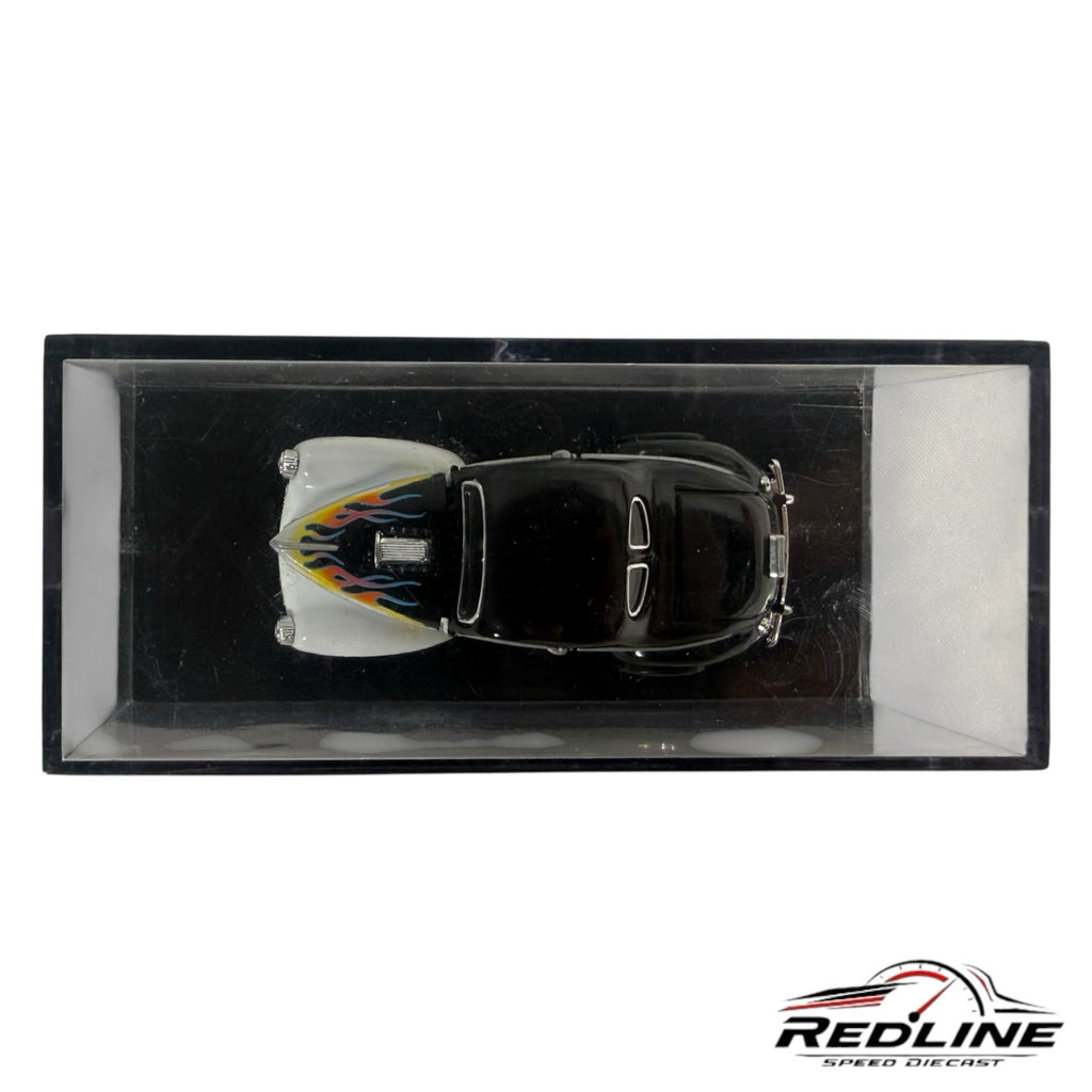 Redline Speed Diecast vintage coupe model in a black and white finish with flame decals inside an acrylic case.