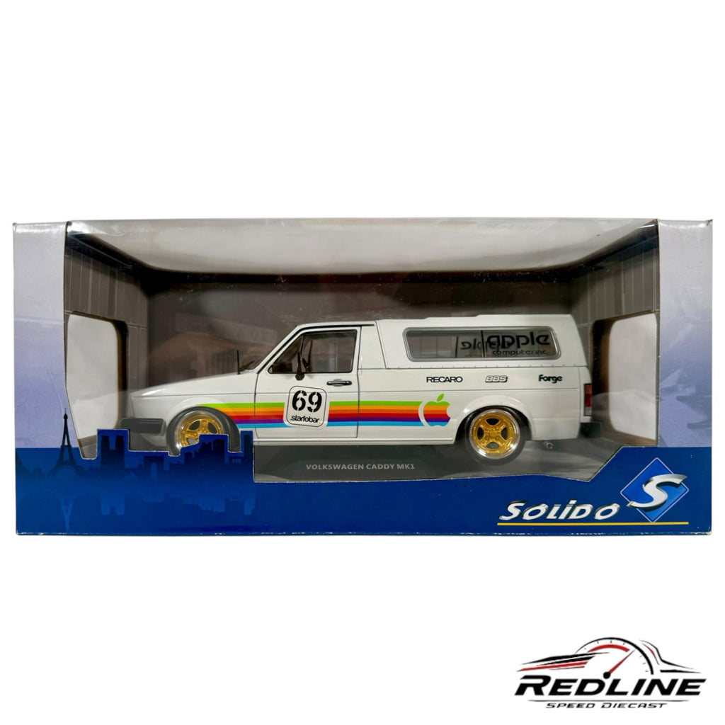 Redline Speed Diecast 1:18 scale white Volkswagen Caddy Mk1 model with Apple Computer rainbow livery and gold wheels.