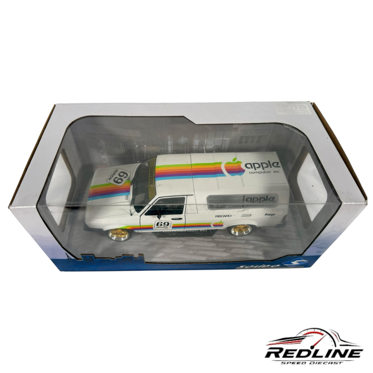 Redline Speed Diecast 1:18 scale white Volkswagen Caddy Mk1 model with Apple Computer Inc. rainbow livery in box