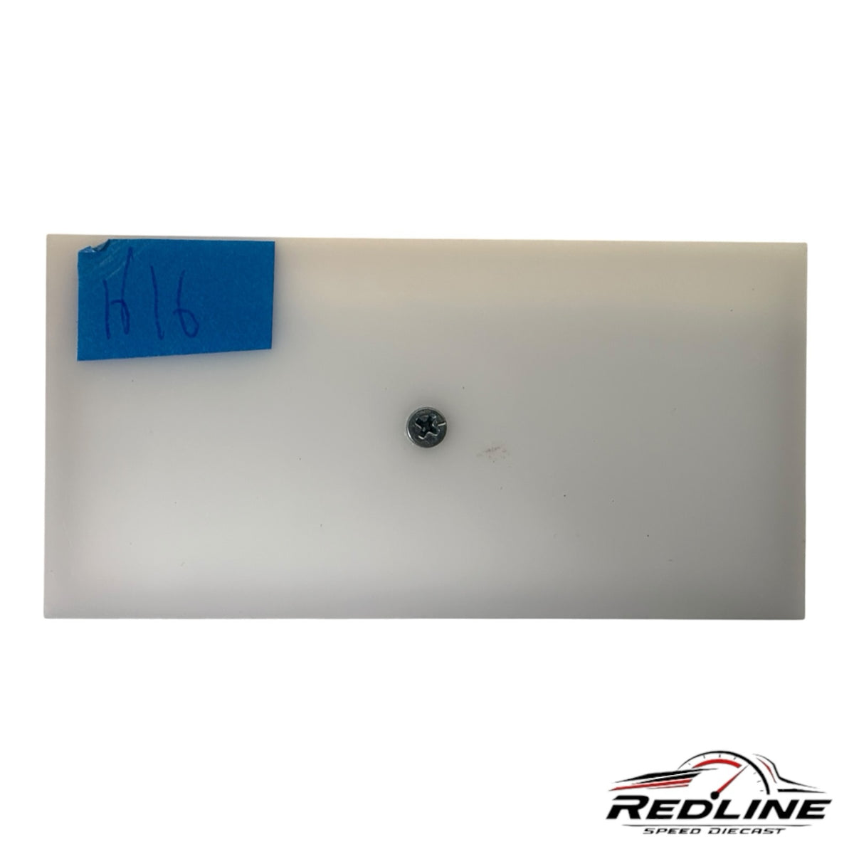 Redline Speed Diecast white plastic base plate with a central mounting screw and blue tape label for display mounting