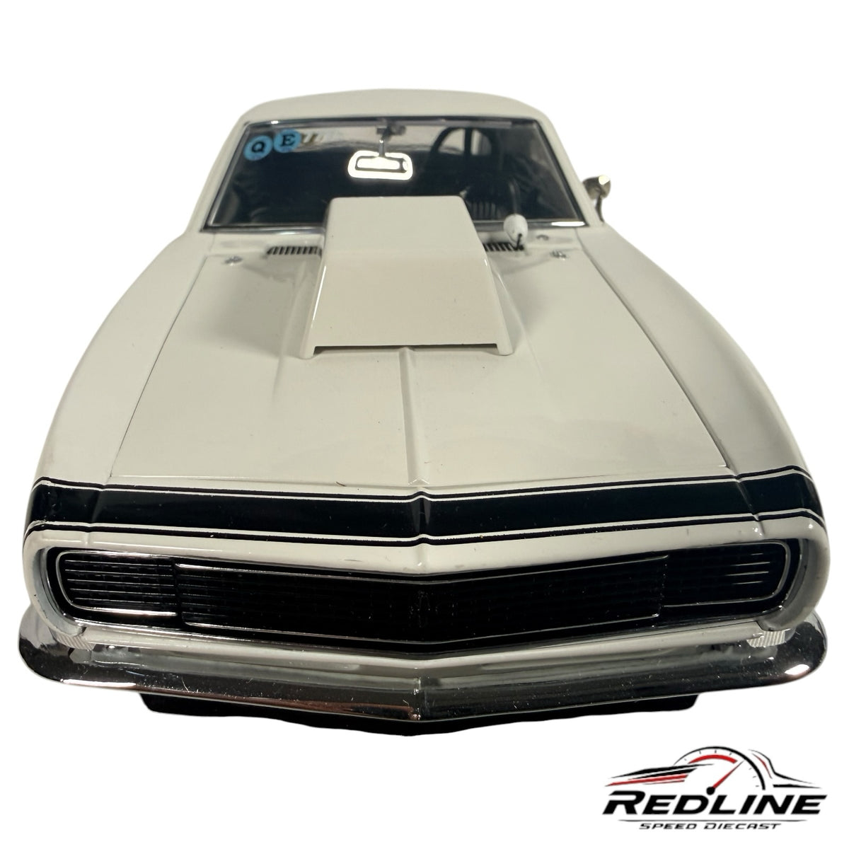 Redline Speed Diecast 1:18 scale white Chevrolet Camaro Grumpy's Toy drag racing model with hood scoop, front view