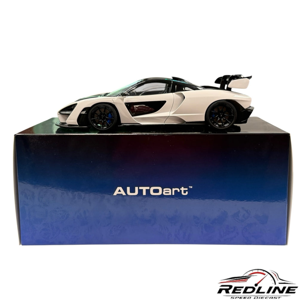 Redline Speed Diecast white McLaren Senna model car with black accents displayed on a branded AUTOart box