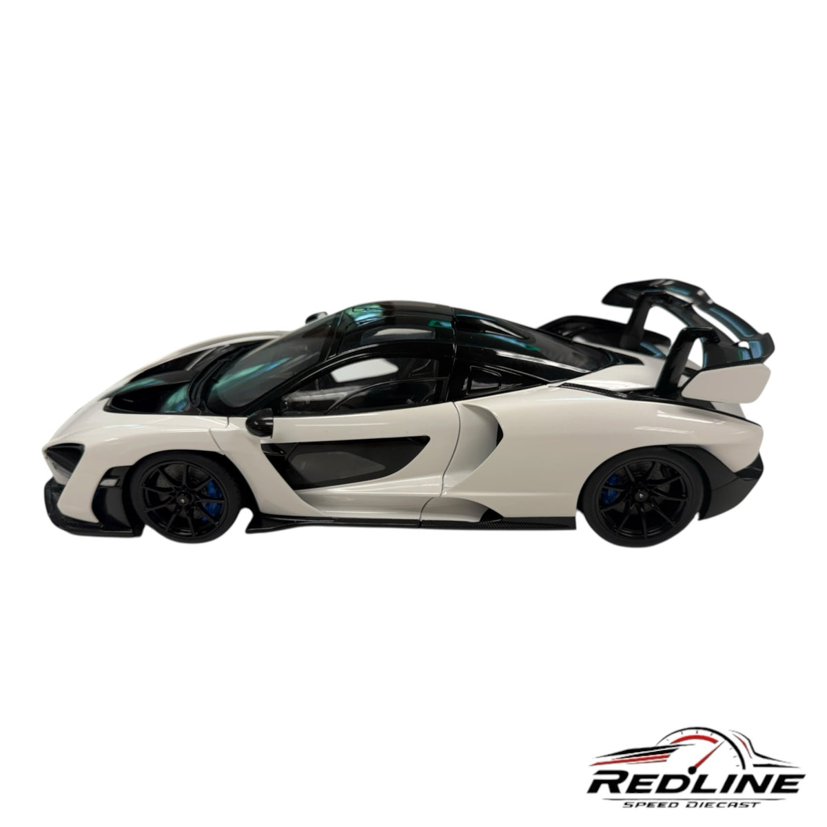 Redline Speed Diecast white McLaren Senna model car with black accents and detailed aerodynamic rear wing