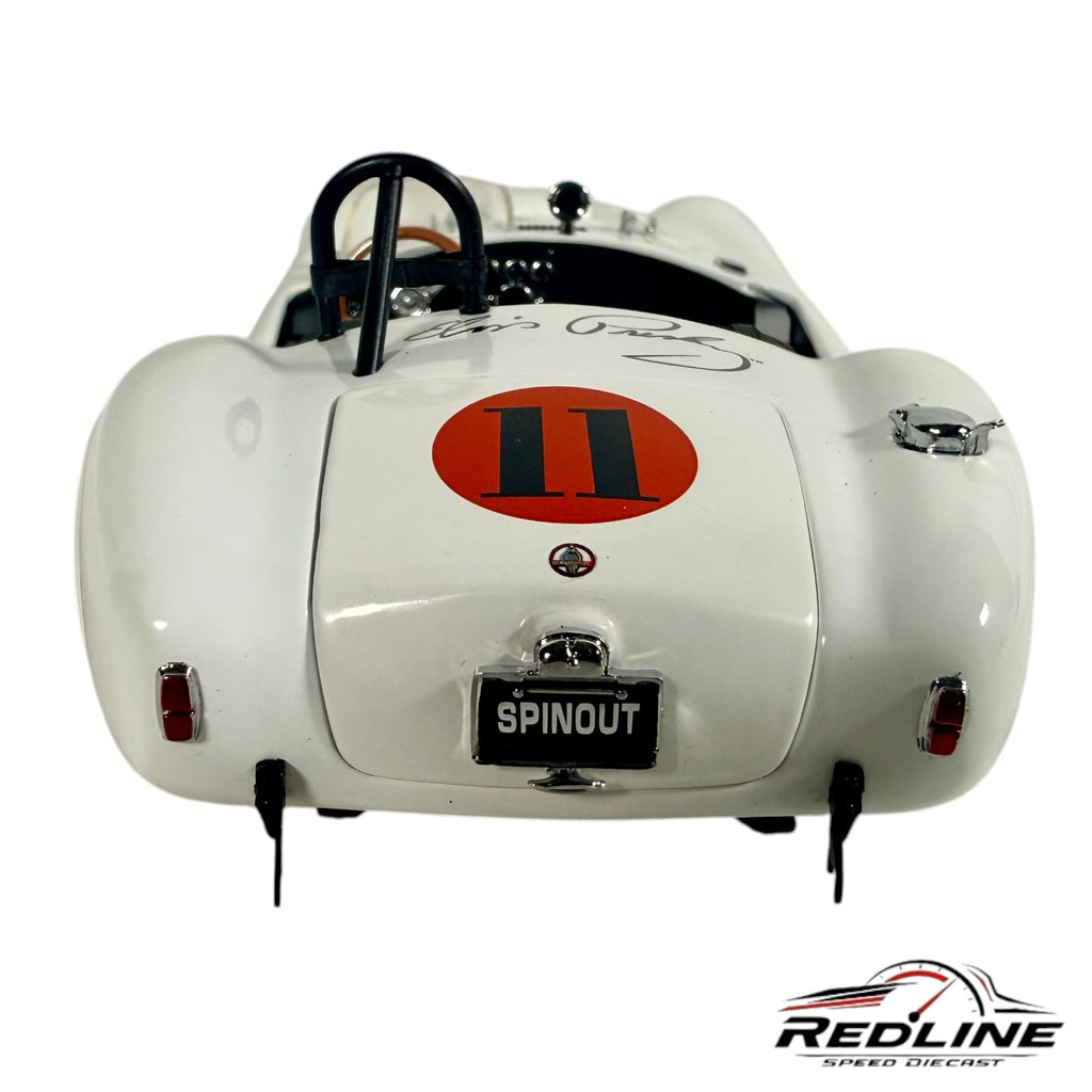 Redline Speed Diecast 1:24 scale white Shelby Cobra model with number 11 racing decal and SPINOUT license plate