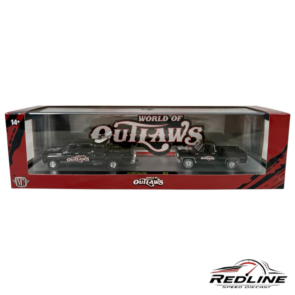 Redline Speed Diecast World of Outlaws two-piece set featuring black 1973 and 1975 GMC Sierra die-cast trucks.