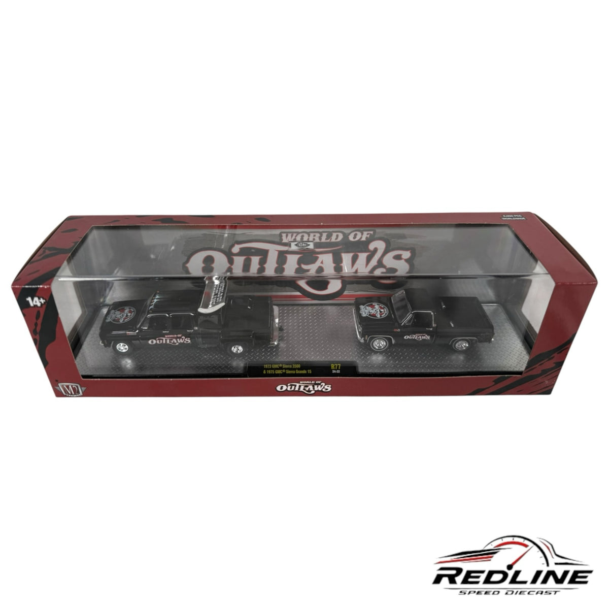 Redline Speed Diecast World of Outlaws two-piece black GMC truck set in a collector display box.
