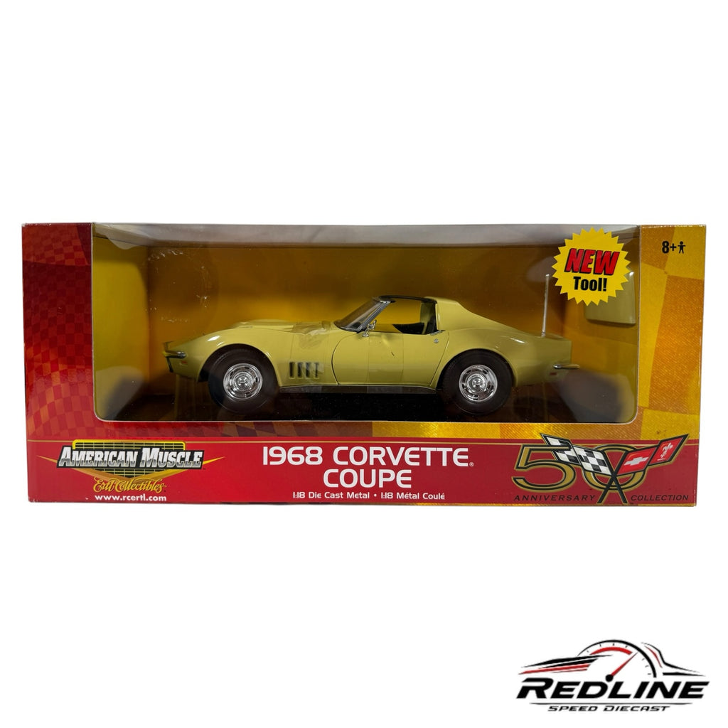 Redline Speed Diecast 1:18 scale yellow 1968 Chevrolet Corvette Coupe model in original collector packaging