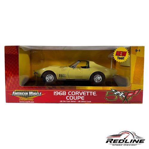 Redline Speed Diecast 1:18 scale yellow 1968 Chevrolet Corvette Coupe model in original collector packaging