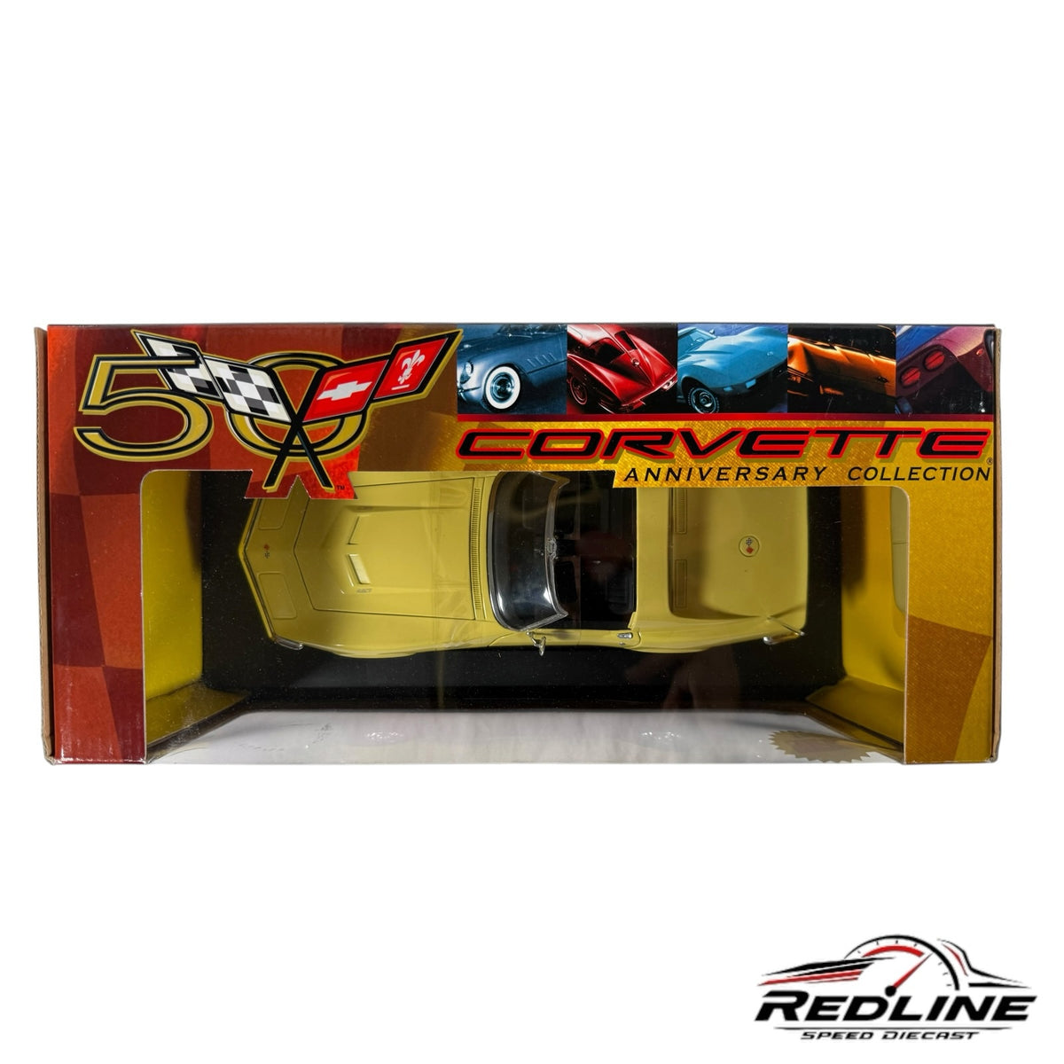 Redline Speed Diecast 1:18 scale yellow 1968 Chevrolet Corvette Coupe model in its 50th Anniversary display box