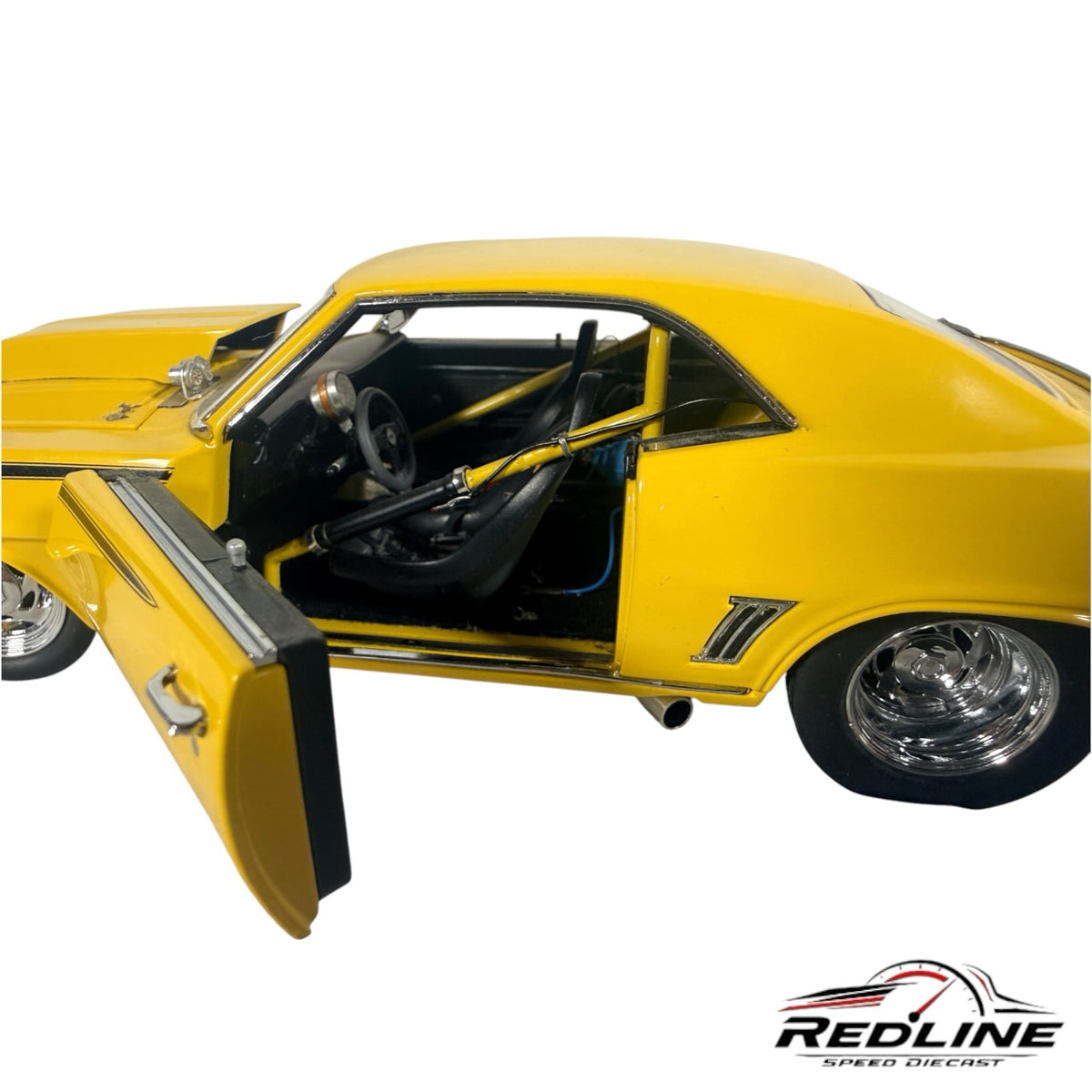 Redline Speed Diecast 1969 Chevrolet Camaro Pro Street model in yellow with open door and detailed interior roll cage