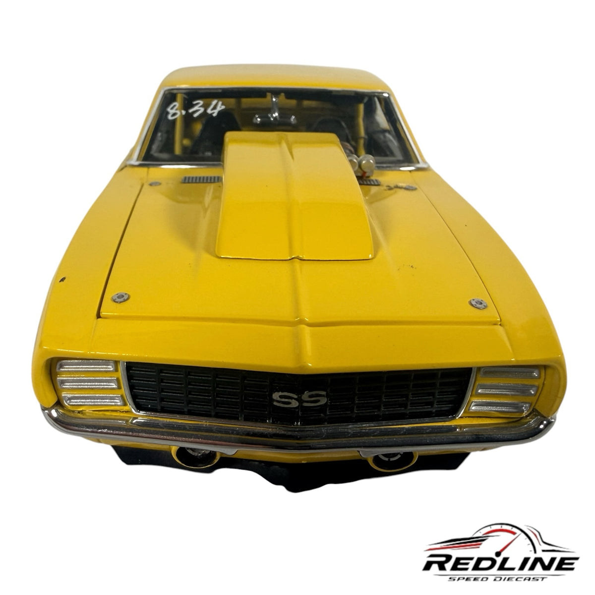 Redline Speed Diecast 1969 Chevrolet Camaro Pro Street model car in vibrant yellow with a prominent hood scoop