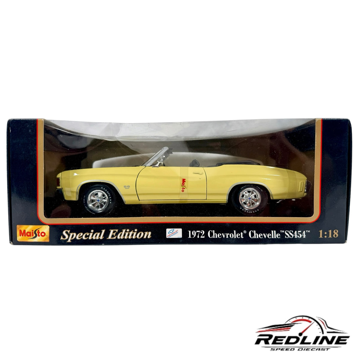 Redline Speed Diecast 1:18 scale yellow 1972 Chevrolet Chevelle SS454 convertible model car in original packaging