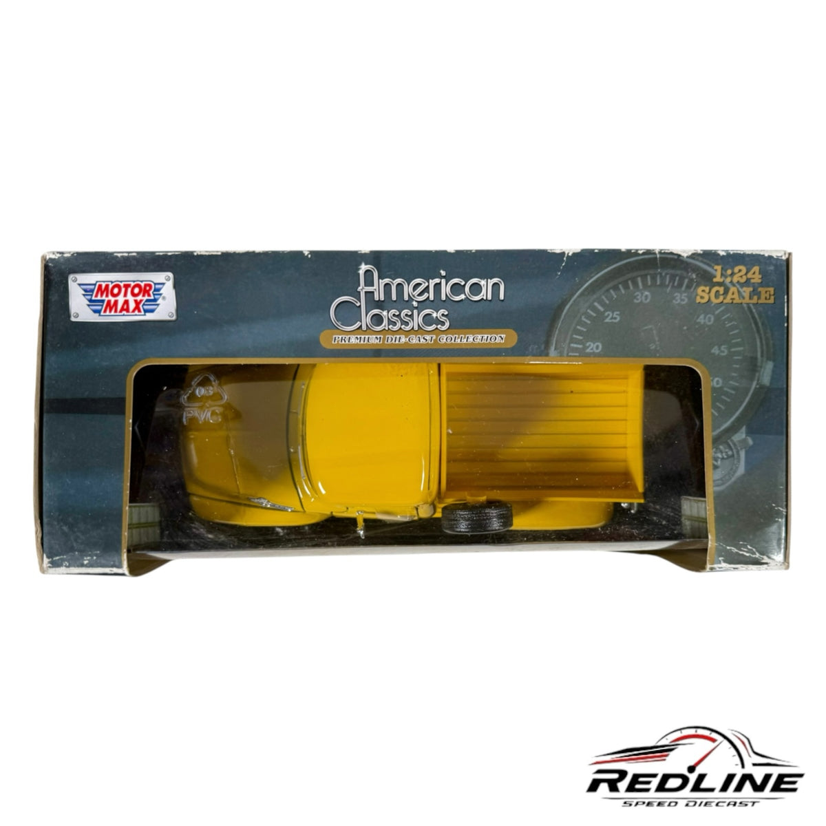 Redline Speed Diecast 1:24 scale yellow 1955 Ford F-100 pickup truck model in original American Classics packaging