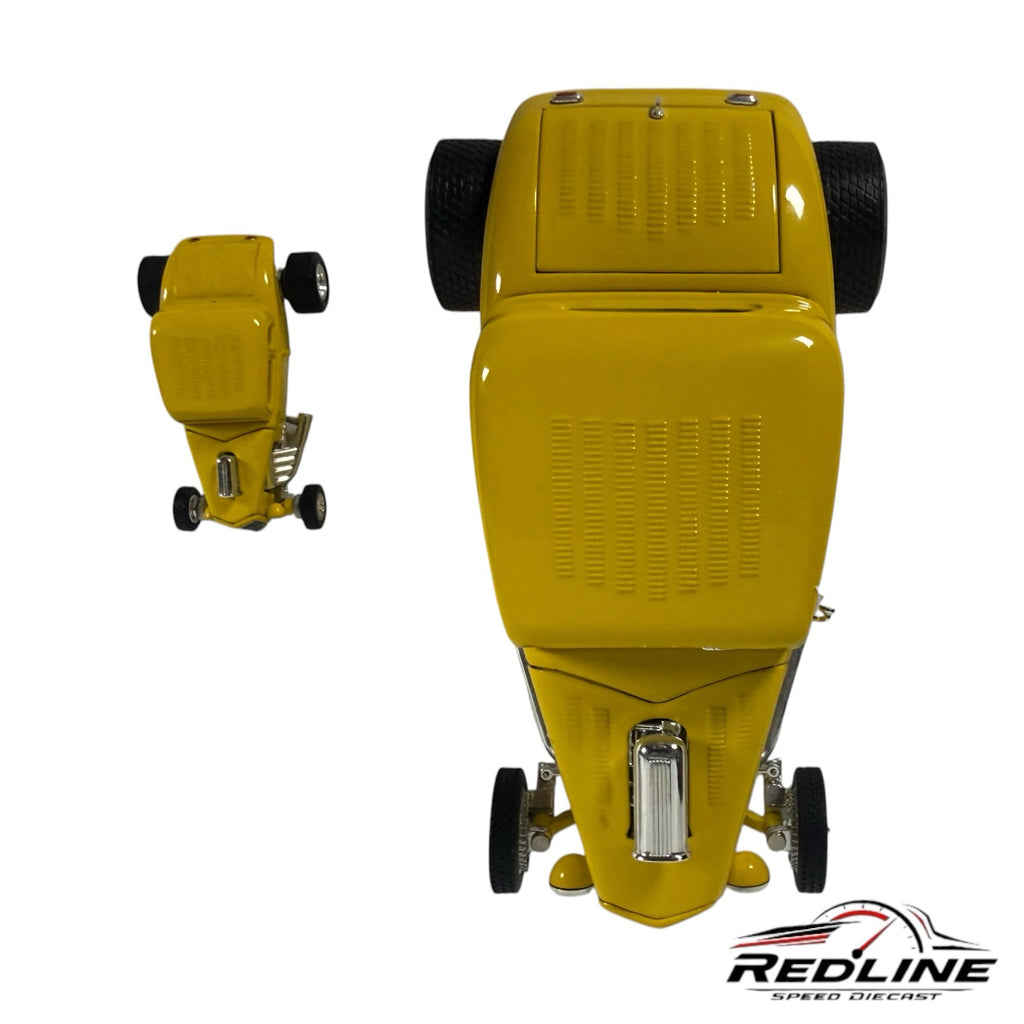 Redline Speed Diecast yellow 1934 Ford hot rod model car viewed from above showing exposed engine and wide tires