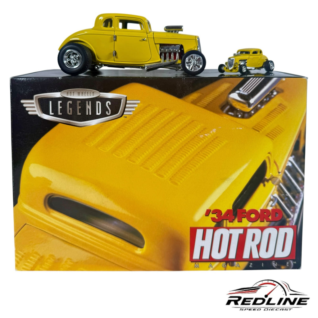 Redline Speed Diecast Hot Wheels Legends 1934 Ford yellow hot rod model car displayed on its original collector box.